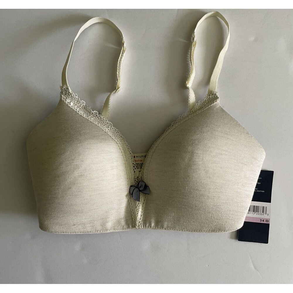 Tommy Hilfiger The Glimpse Wirefree Oatmeal Plunge Bra Padded Lined Lace 34D NWT